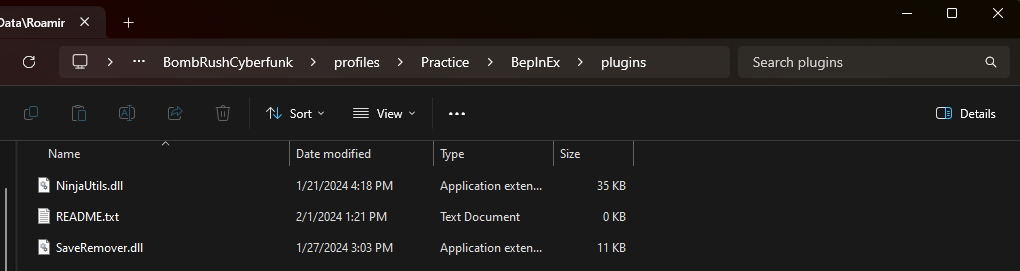 Practice folder with NinjaUtils.dll, README.txt, SaveRemover.dll