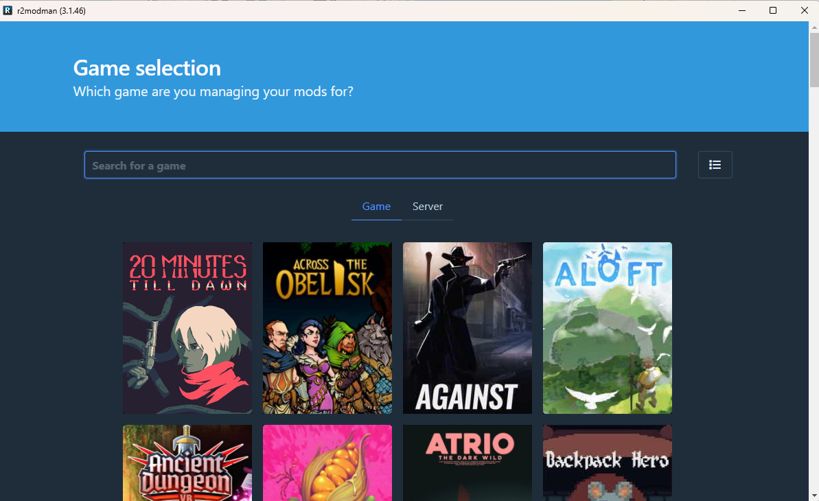 r2modman game selector with searchbar